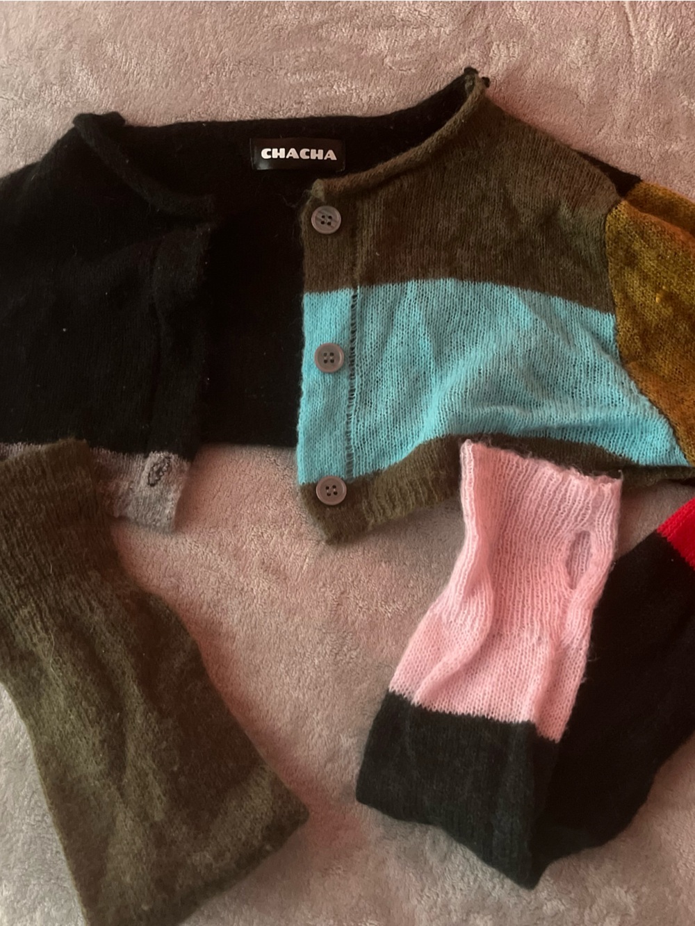 Colorblock Knit Shrug - Black, Aqua, Olive & Pink